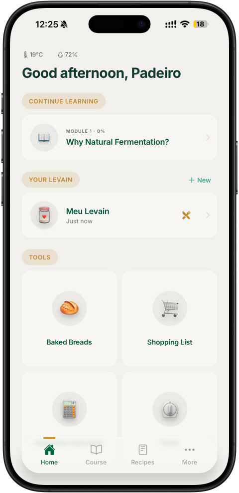 Pantalla de inicio de Levain con el estado del fermento y el progreso del curso