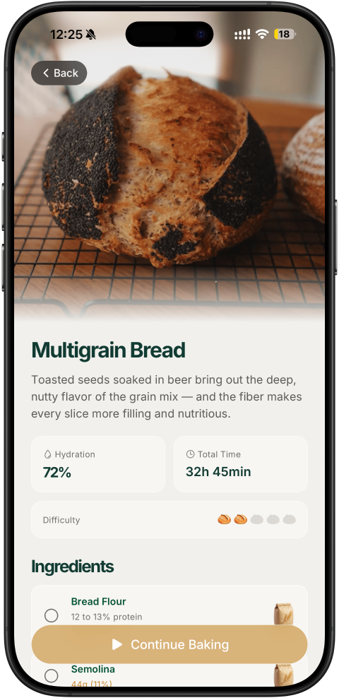 Pantalla de receta de Levain mostrando un horneado guiado