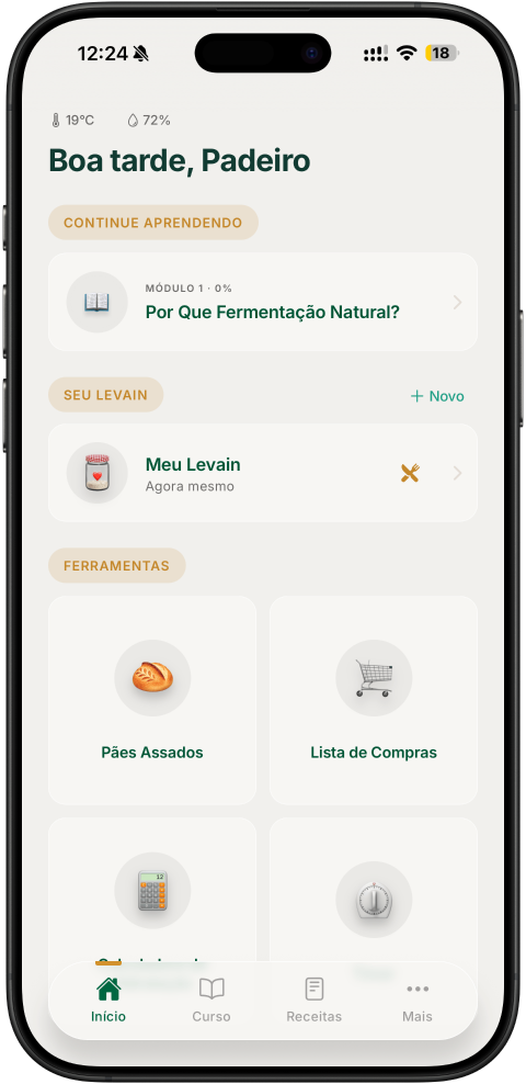 Tela inicial do Levain com o status do fermento natural e o progresso do curso