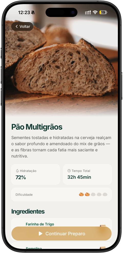 Tela de receita do Levain mostrando uma fornada guiada